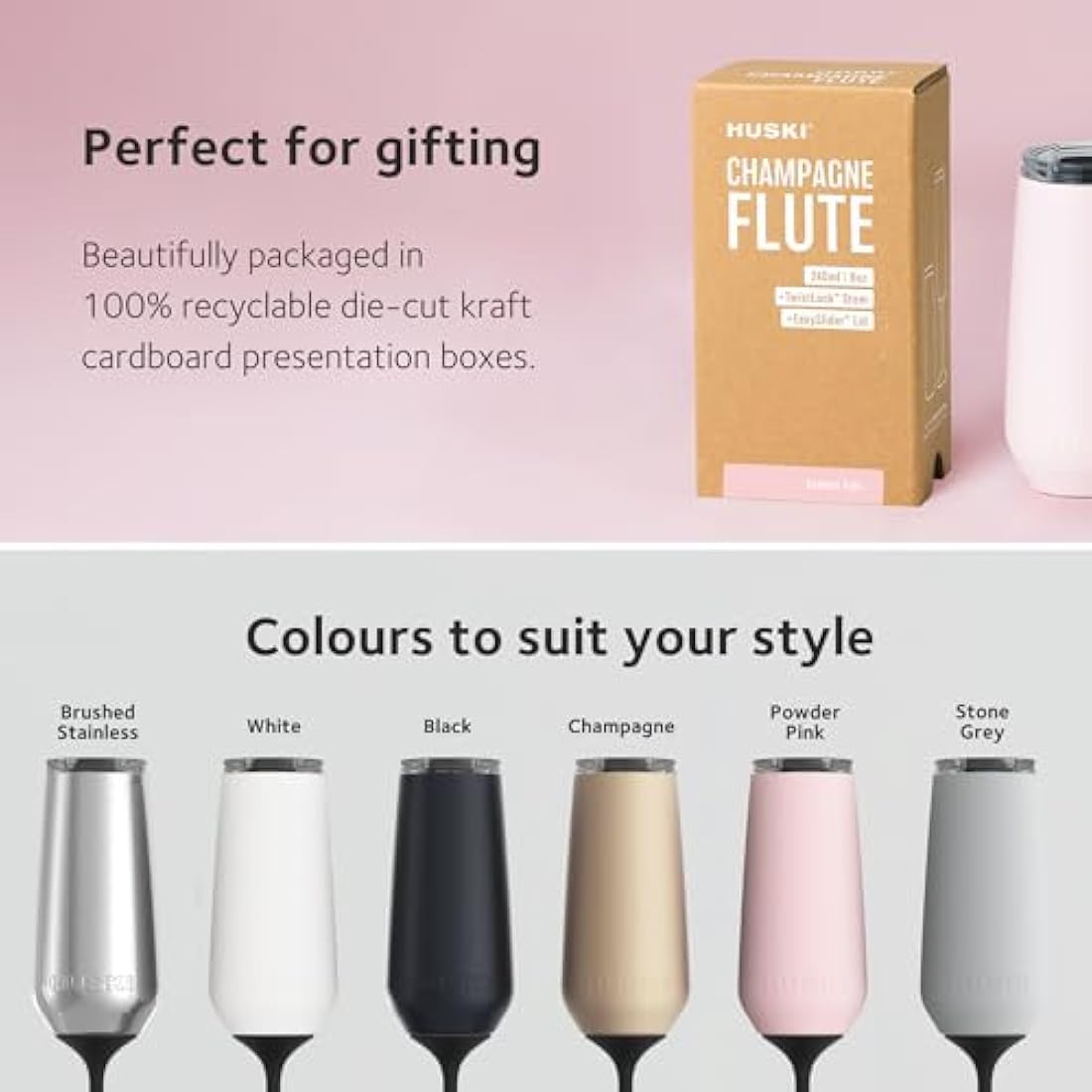 Huski Champagne Flute | New | Award-Winning Design with Detachable Stem | Premium Stainless Steel Champagne Glass with Lid | Triple Insulated Tumbler | 240ml Capacity | Great Gift (Stone Grey)