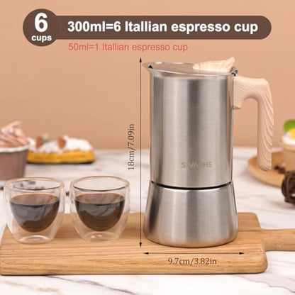 Sivaphe Moka Pot Espresso Maker, Stovetop Coffee Makers, Induction Hob Stainless Steel 6 Italian Cup 300ml 1-2 Mug