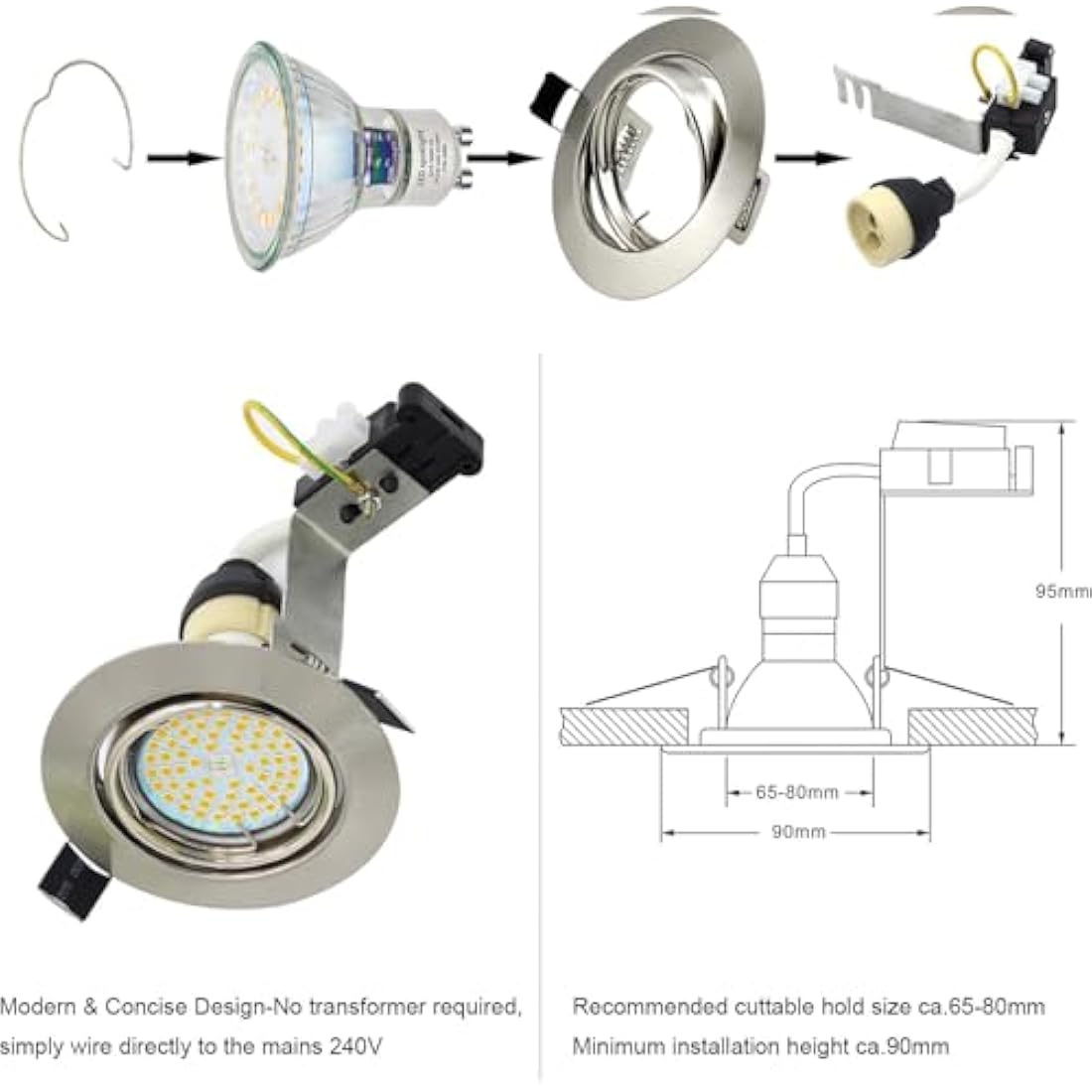 HiBay 6X 5W LED Recessed Ceiling Lights GU10 Downlights Brushed Chrome Kitchen Spotlights Fitting Tilt Round 240V Warm White Energy Saving Lamp