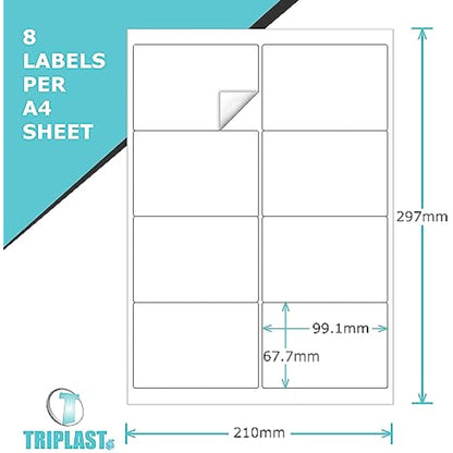 Triplast 50 x Multipurpose A4 Label Sheets - 8 Labels Per Sheet (99 x 68mm Each) - Easy Peel White Labels for Inkjet & Laser Printer - Address Labels, Shipping Labels, File Labels, DIY Stickers