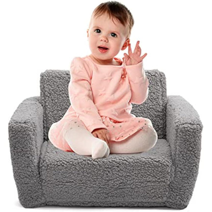 BEJOY Kids Sofa Bed 2-in-1 Flip Out Cuddly Sherpa Toddler Couch Convertible Chair to Lounger Children Sofa Bed Children's Day and Birthday Gift for Girls Boys, Grey