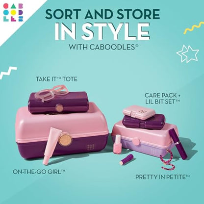 Caboodles Pretty in Petite Makeup Box, Two-Tone White on White, Hard Plastic Organizer Box, 2 Swivel Trays, Fashion Mirror, Secure Latch for Safe Travel