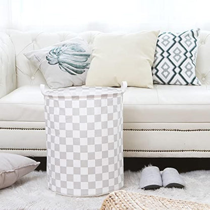 Sea Team 19.7 Inch Large Sized Waterproof Coating Ramie Cotton Fabric Folding Laundry Hamper Bucket Cylindric Burlap Canvas Storage Basket with Stylish Grid Grey Design