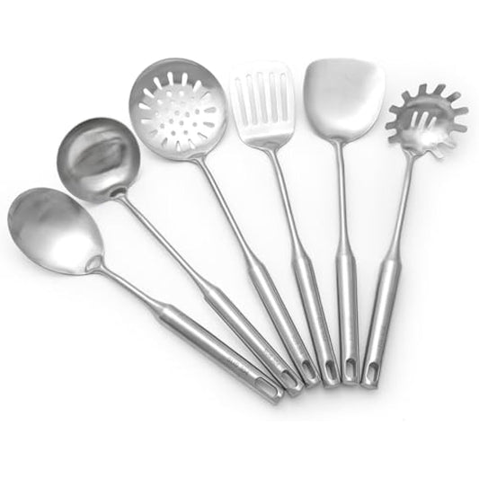 304 18/8 Stainless Steel Kitchen Utensils Set 6 Pcs 38cm Long Cooking Utensil, Spatula, Soup Spoon, Leaking Shovel, Turner, Pasta Server Kitchen Tools Set