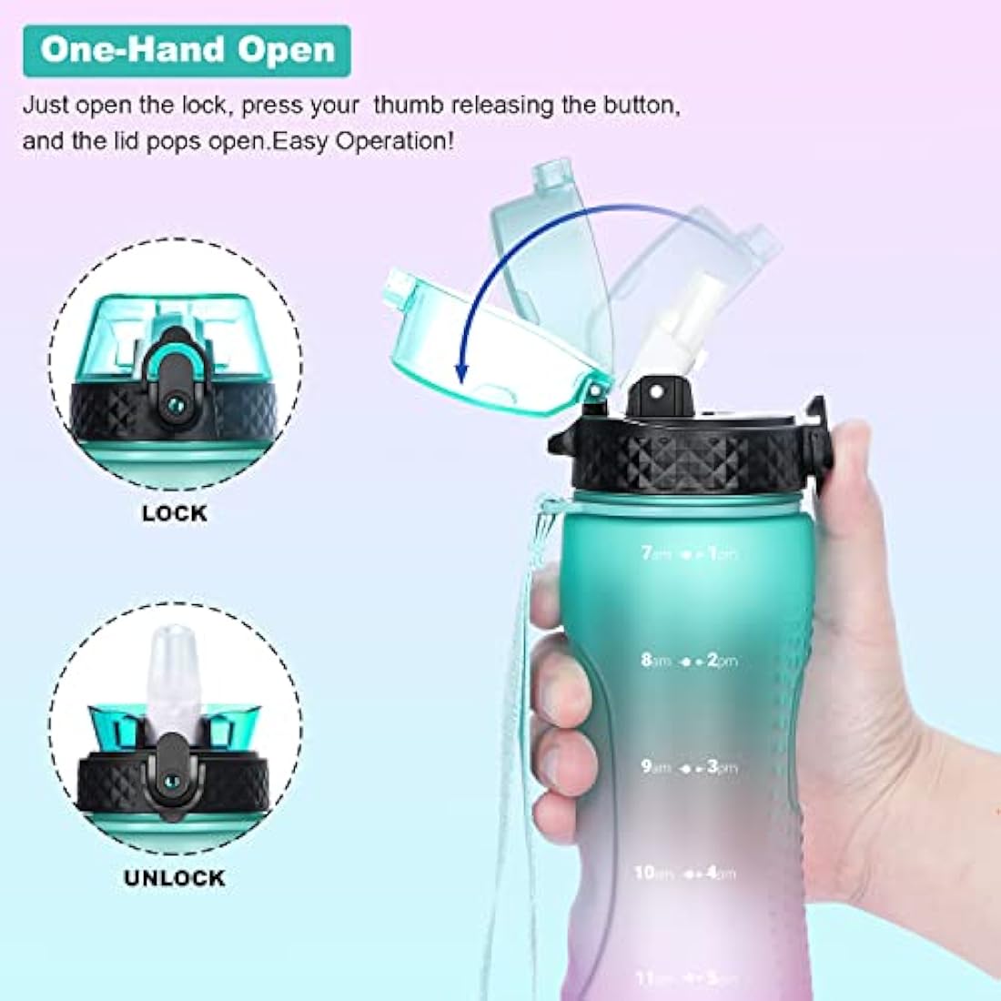 OLDLEY 750ml/25oz Water Bottles with Straw BPA Free Tritan Water Bottles for Gym School Sports Travel Leakproof Time Markings Durable Drink Bottles for Adult Kids Women Men(Green Purple, 1 Lid)