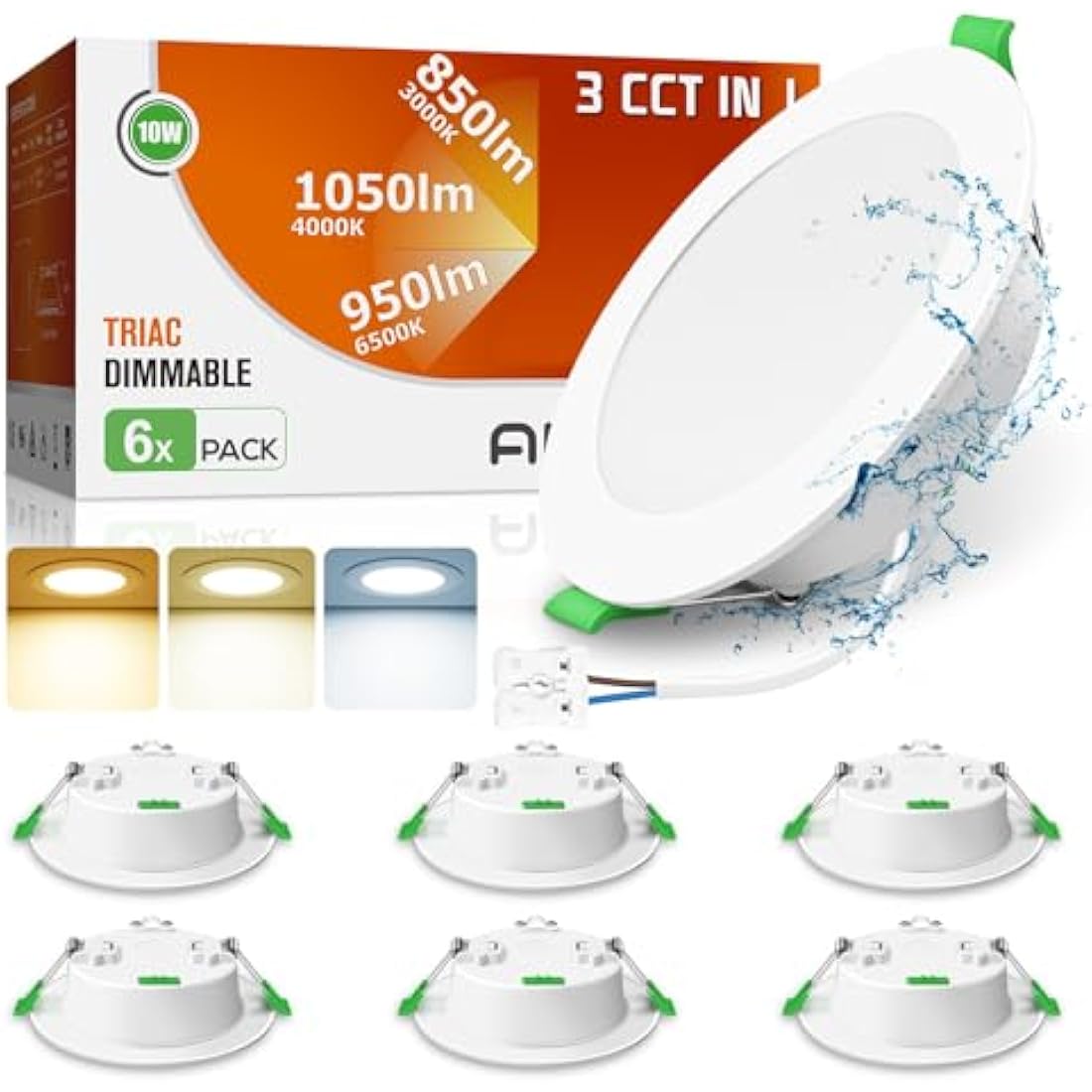 ALUSSO LED Downlights Ceiling Dimmable 10W 1050LM IP44 Recessed Ceiling Lights, 3CCT 3000K Warm 4000K Neutral 6500K Cool Adjustable Bathroom Spotlights, White, 6 Pack