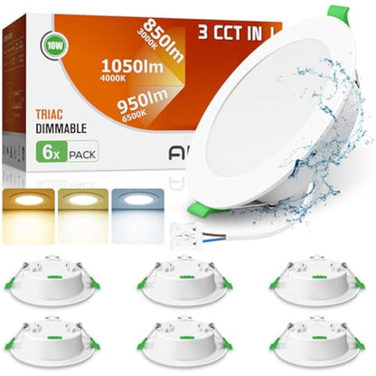 ALUSSO LED Downlights Ceiling Dimmable 10W 1050LM IP44 Recessed Ceiling Lights, 3CCT 3000K Warm 4000K Neutral 6500K Cool Adjustable Bathroom Spotlights, White, 6 Pack