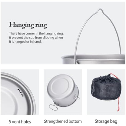 iBasingo 1.95L Camping Titanium Pot Cookware Hanging Stockpot Outdoor Small Bowl Cup Lightweight Hiking Picnic Portable Campfire Cooking Kit Travel 1 Person Kitchenware Tableware Mess Kit Ti2044C
