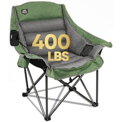 LANMOUNTAIN Oversized XL Folding Camping Chair,Heavy Duty Support 400Lbs,Large Comfy Padded Camp Chair for Adults,Lawn Arm Chair w/Cup Holder,Phone Holder,Carry bag Perfect for Outdoor (Green)
