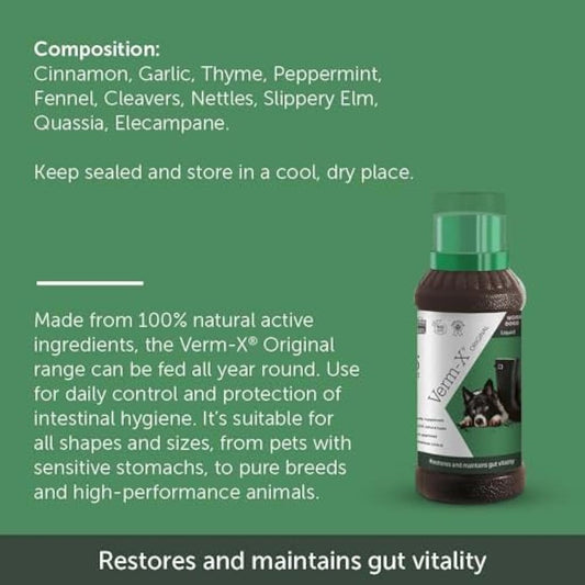 Verm-X All Natural Liquid for all Dogs. Supports  Intestinal Hygiene. Vet Approved. UFAS Assured. Restores and Maintains Gut Vitality. Wormwood Free Recipe., Clear