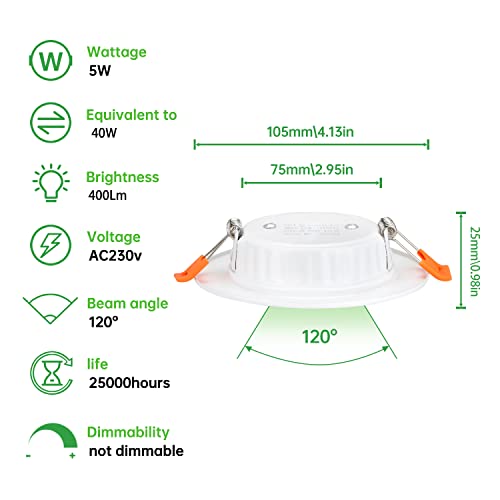 Tofisr LED recessed Ceiling Light,5W Warm White Light 2700K,Round Metal Downlights for Ceiling,220V-240V,Cutout 75-95mm,Ultra Slim Round Spotlights