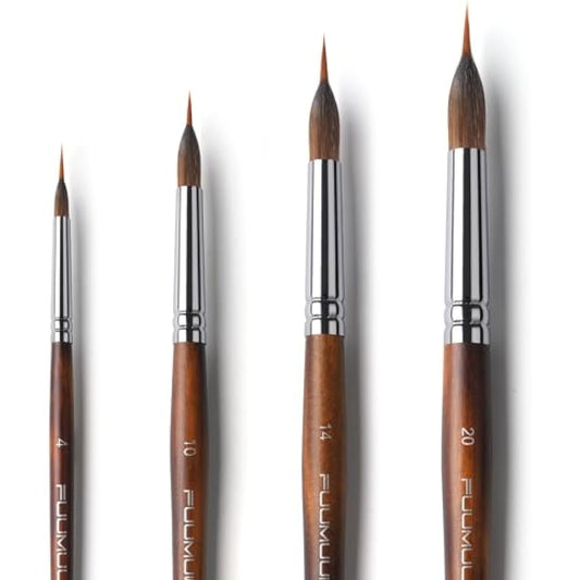 Fuumuui Professional Watercolour Brushes 4Pcs with Patented Design, Extended Needle Point Synthetic Long Pinhead, Kolinsky Sable Body for Fine Detailing - Watercolour Acrylic Gouache Inks Painting