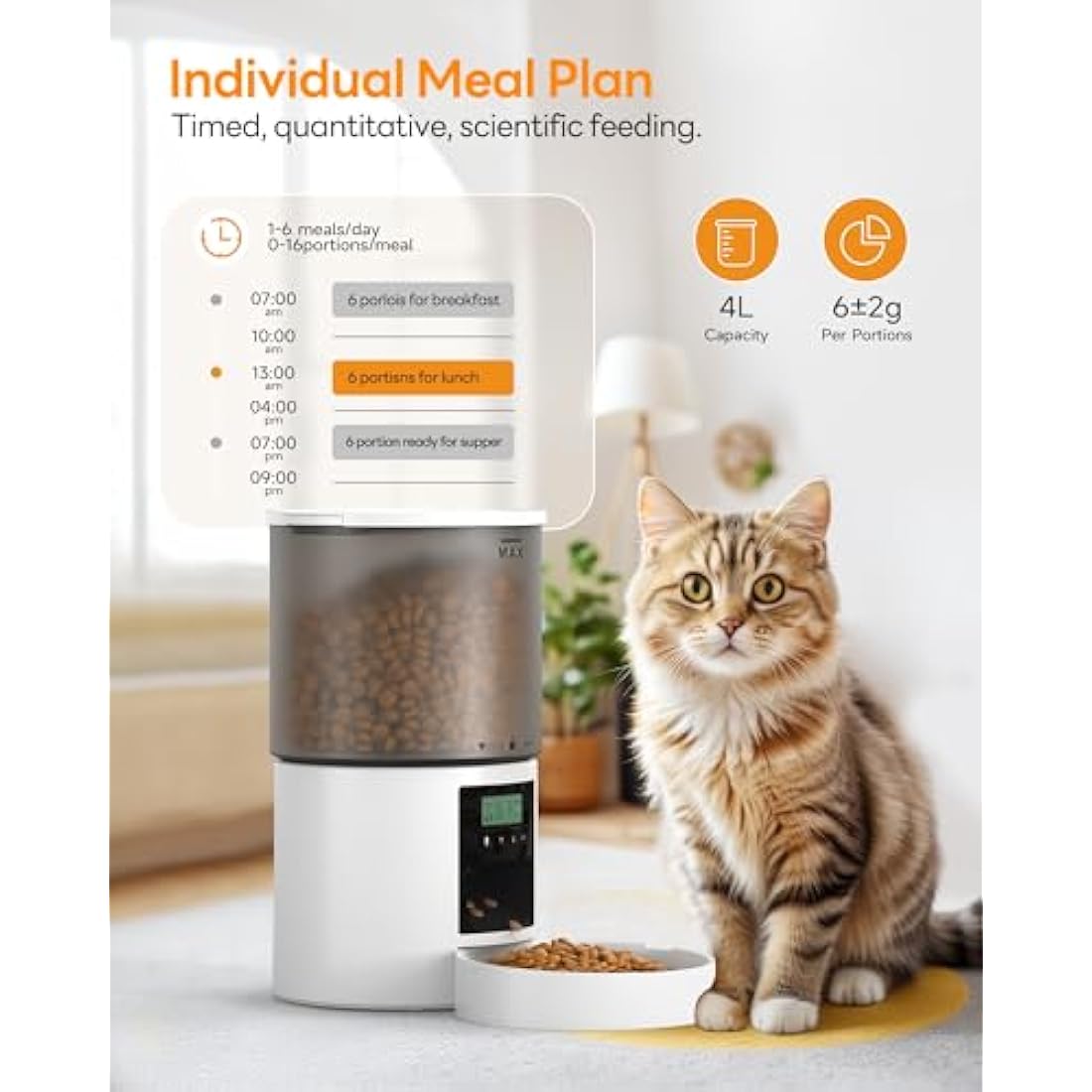 Automatic Cat Feeder: Cat Food Dispenser with Programmable Timer - Intelligent Cat Bowls with 10s Voice Recorder - Electric Dog Feeder Support 1-6 Meals Button Control White 4L