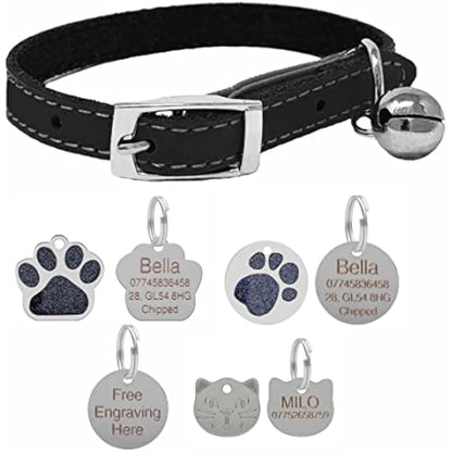 Genuine Leather Cat Collar with Safety Elastic & Bell with Optional Personalised Engraved Tag (Black, No Tag - Only Collar)