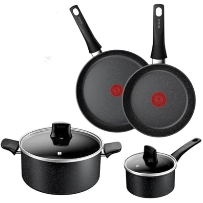 Tefal Titanium Stone Induction Non-Stick 4pc Set: Frying pan 20/26cm, Saucepan 16cm & Stewpot 24cm + lid, High-Performance Non-Stick Coating, Metal Safe, All Hobs Including Induction, E105S445