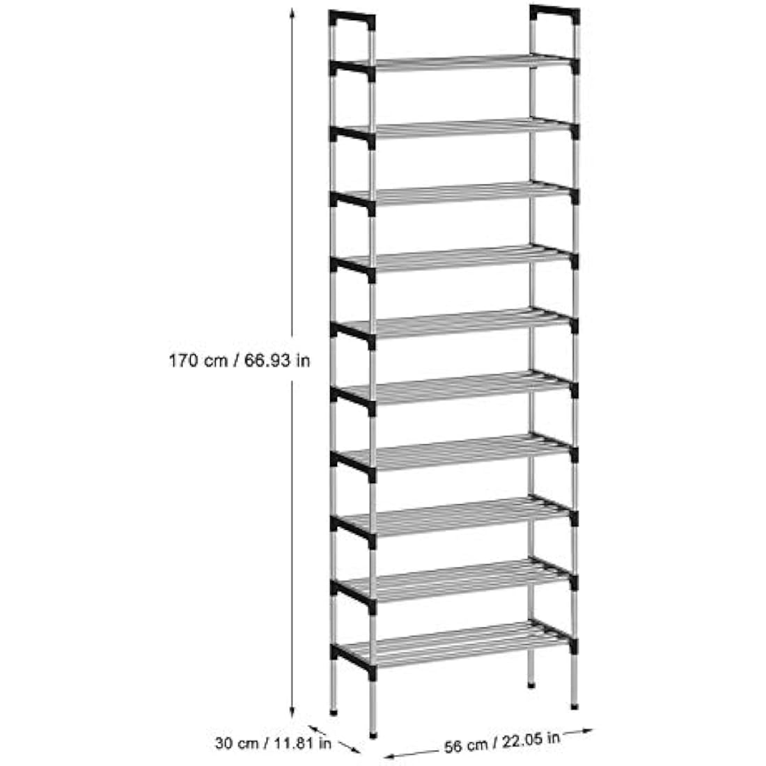 AcornFort® S-508 10 Tiers Silver Adjustable Shoe Storage Tall Rack Organiser Shelf Hold Stand for 30 Pairs Shoe, 56 x 30 x 170cm, Sturdy Design, Space Saving