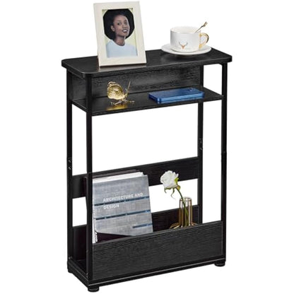 YEAKOO Narrow Side Table for Narrow and Small Spaces, Skinny Bedside Table Small Nightstand with Magazine Rack Space Saving (Black, M)