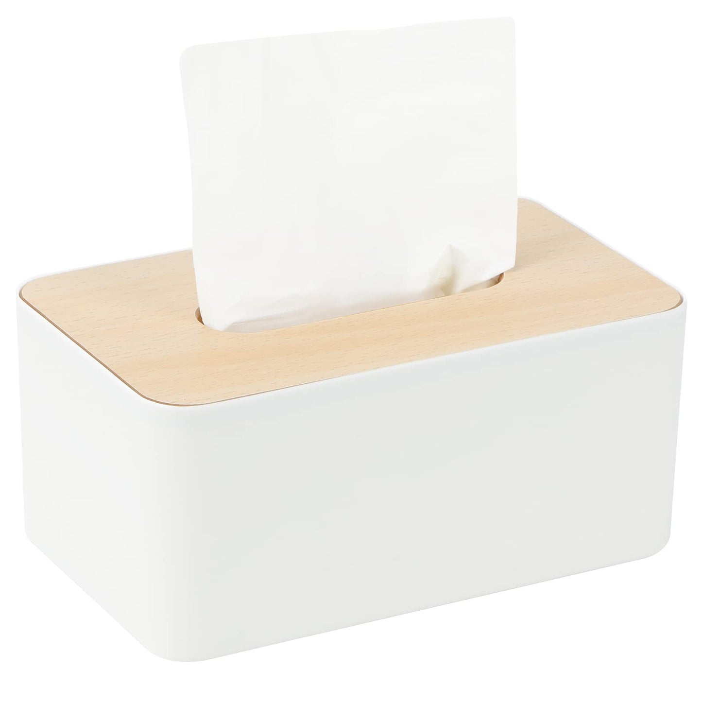 Tissue Box with Bamboo Top, Rectangular, Plastic, Tissue Dispenser Box for Living Room, Office, Car, Bathroom (White)