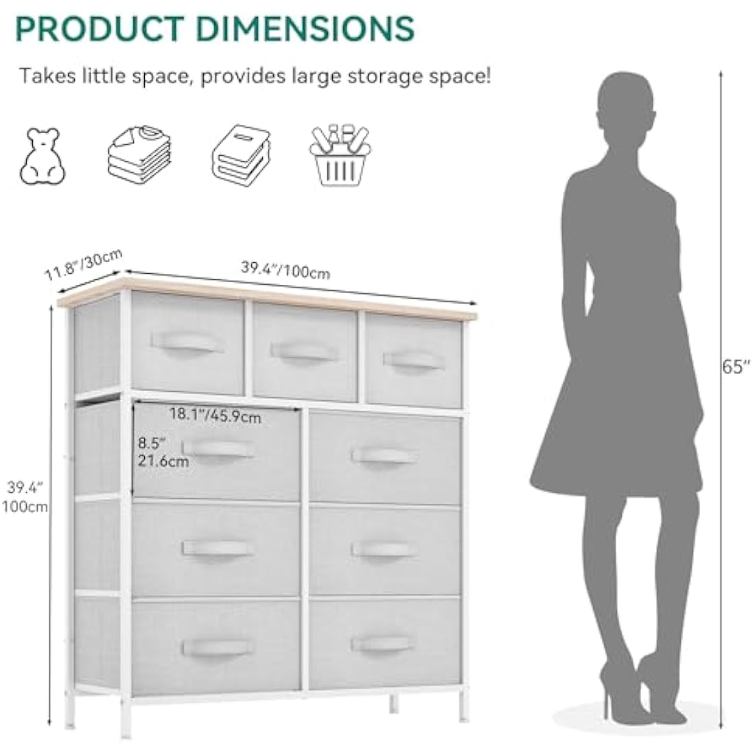 YITAHOME Wide Chest of Drawers with 9 Drawers, Fabric Dressers with Easy Pull Handle,Sturdy Steel Frame,Storage Drawers for Bedroom, Closet, Clothes, Light Grey