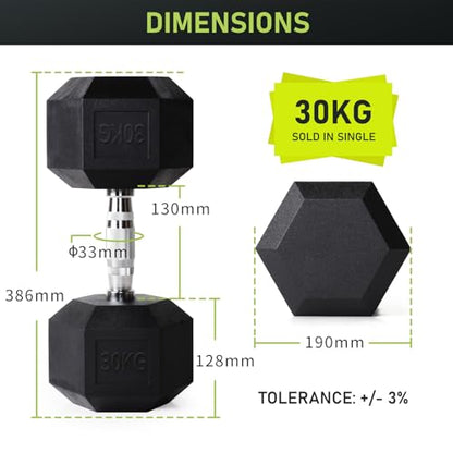 PhysKcal Hex Dumbbells 30kg Single, Odourless Poly Rubber Encased Dumbbells Set 2.5KG 5KG 7.5KG 10KG 12.5KG 15KG 20KG Home Gym Weights Set