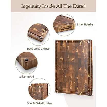 XINZUO Large Thick End Grain Acacia Wood Cutting Board- (19''L x 14''W x 1.5''T) Reversible Wooden Chopping Board with Non-Slip Feet, Built-in Handles and Juice Groove- Butcher Block Cutting Board