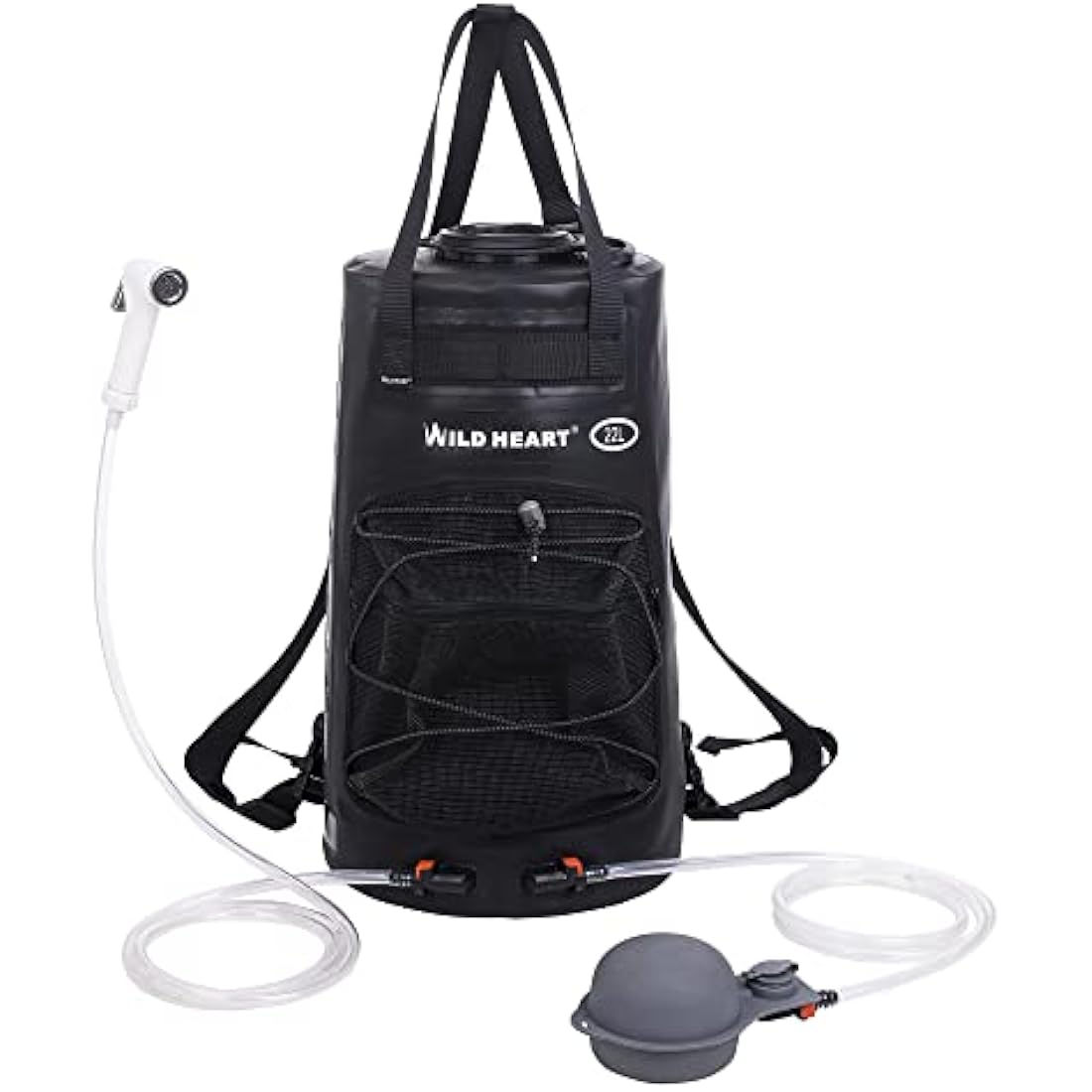 WILD HEART Camping Shower, 5.8 Gallons/22L Portable Camp Shower Bag with Upgraded Screw Lid, Water Level Window, Pressure Foot Pump, and Handy Nozzle, Solar Shower for Beach Camping Hiking Trip