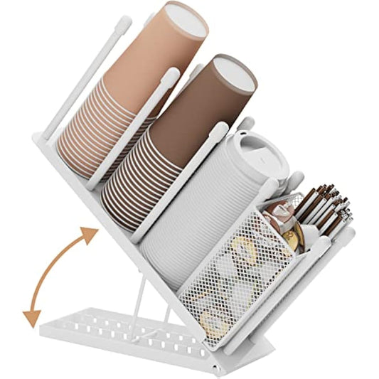 Ovicar Cup and Lid Holder - Adjustable 4 Compartment Disposable Cup Dispenser with Coffee Pod Straw Storage Basket for Bar Countertop Breakroom Metal White