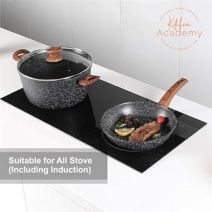 Kitchen Academy Induction Hob Pans Set - 12 Pieces Black Granite Kitchen Cookware Set，Pots and Pans Set Non Stick