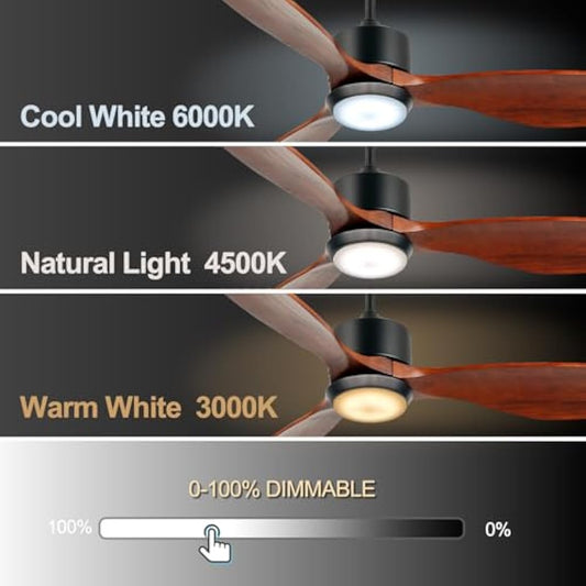 Ovlaim 132cm Wood Ceiling Fan with LED Lights and Remote Control, Quiet DC Motor Fans with 3 Wood Blades for Home Bedroom Living Room Patio, IP44 Waterproof