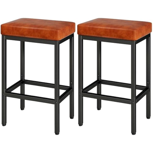 YMYNY Bar Stools, 66 cm Bar Stools Set of 2, Caramel Brown Breakfast Bar Stools, PU Leather Barstools, Bar Stool Chair with 6 cm Thick Cushion and Metal Base for Kitchen Island Counter, Pub, HBS513J
