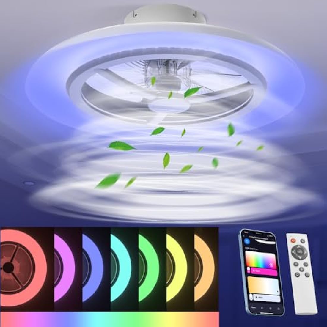 BKZO 55 cm Smart LED Ceiling Light with Fan, Ceiling Fan Lights Without Lampshade, Wind Speeds Adjustable, Stepless Dimming Light, RGB dimming, Modern Fan Lighting, 3000-5500K [Energy Class F]