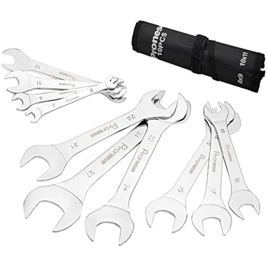 Pronese 10 Pack Super-Thin Open End Wrench Set,Carbon Steel with Mirror Polish,Metric,Including 6~27mm, Placed in A Rolling Pouch