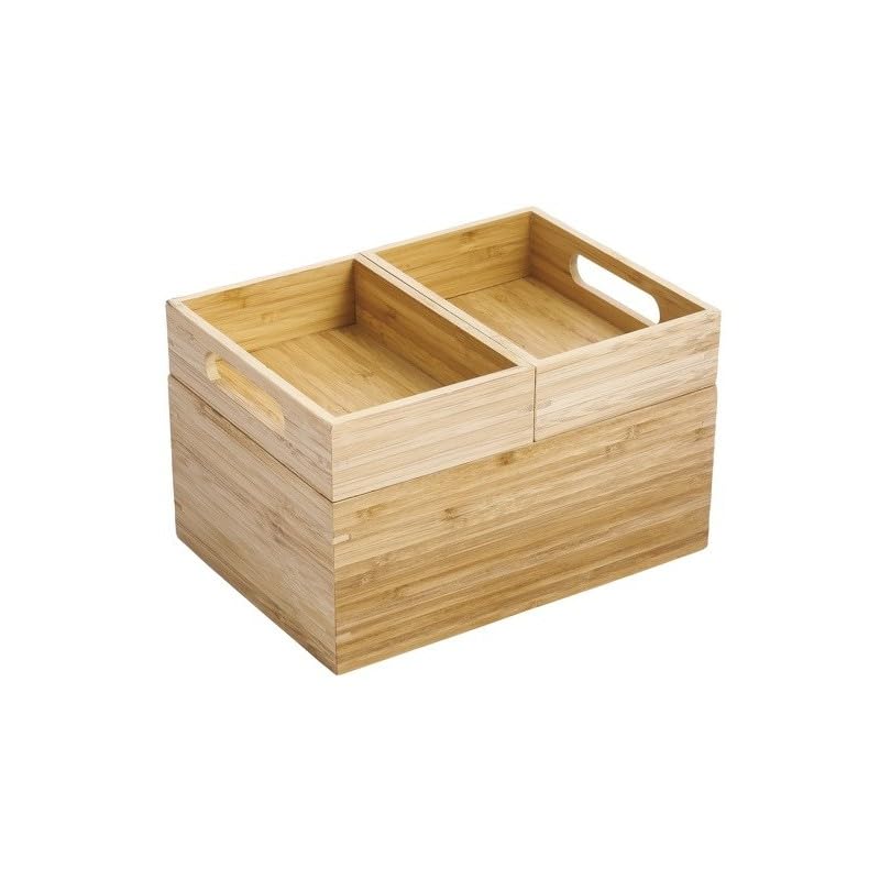 MSV - ISALYS Stackable 3 Compartments Multi-purpose Organizer Box - Natural Bamboo Storage for Cosmetics, Jewellery, Supplies or Accessories - Beige