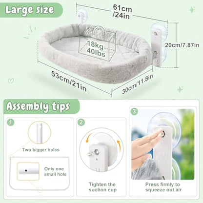 GUUSII HOME Cat Hammock Window Perch Foldable Hanging Bed Windowsill Seat Large Cats Shelf with Strong Suction Cups Kitty Lounger Reversible Cover 53 * 30cm Hold Up to 18kg Easy to AssembleGrey