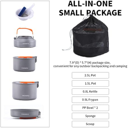 Fire-Maple Feast 4 Camping Cookware Set | Outdoor Cooking kit with Pot Kettle Pan Bowls and Spatula | Kitchen Utensils for 4 to 5 People Backpacking Trekking Hiking Fishing Picnic