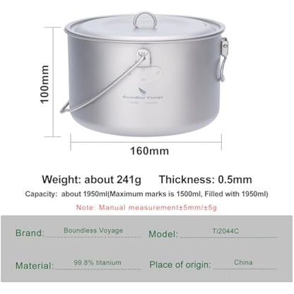 Boundless Voyage Outdoor Titanium Pot with Lid Folding Bail Handle Camping Hiking Picnic Ultralight Portable Water Bottle Cup Mug Spork Set 1950ml Pan