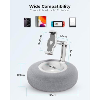 Viozon Tablet Stand with Pillow, Kindle Holder, Compatible with 4.7"-13" Phone/Tablet, iPad, iPhone, Google, Kindle, 360°Adjustable Phone Holder for Bed with Soft Plush Fabric, Detachable Bowl, Grey