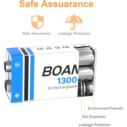 6 Pack 9V Rechargeable Batteries 1300mAh, 9V Rechargeable USB Lithium Long Lasting Battery, with 2 in 1 Charging Cable, for Smoke Detectors, Alarms, Keypad, Microphone