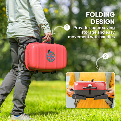Outsunny Charcoal Barbecue Grill Folding Portable BBQ Grill for Camping with 1232 cm² Cooking Area, Adjustable Vent, Thermometer, Handles for Picnic, 59 x 37 x 36 cm, Red