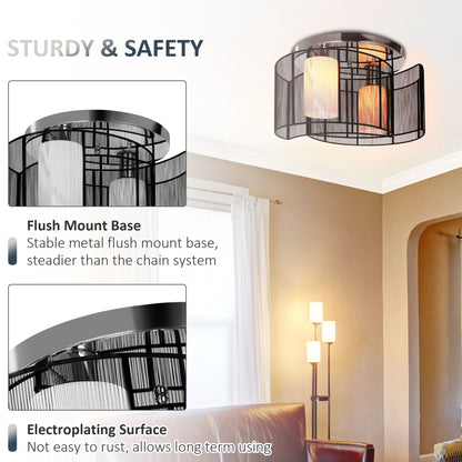 HOMCOM Modern Chandelier, Semi-Flush Mount Ceiling Light with Glass Lampshade, 2 x E27 Bulb Base for Hallway, Dining Room, Living Room, White and Black