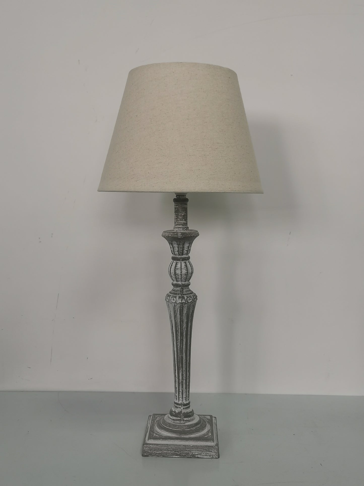AcaciaHome Modern Tall Wooden Washed Table Lamp - Traditional Shabby Chic Design with Taupe Linen Shade, Wood Effect Finish for Living Rooms, Bedrooms, or Hallways Decor (32cm Grey with Cream Shade)