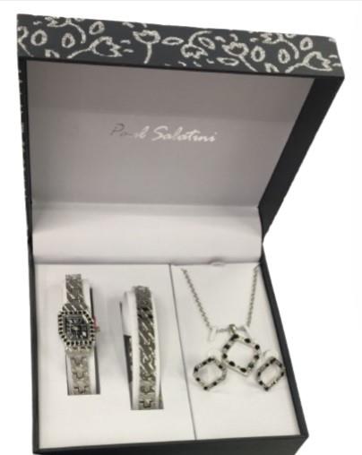 Paul Salatini Ladies Bling Black Dial Silver Barcelet, Necklace, Earring with Watch Gift Sets 8085-BLK-SIL