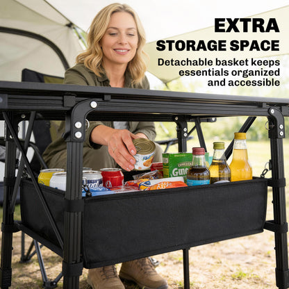 Outsunny Folding Camping Table, 90 x 55 cm Height Adjustable Portable Collapsible Table, 3ft Lightweight Aluminium Rollup Picnic Table with Storage Basket for Outdoor Garden Party BBQ, Black