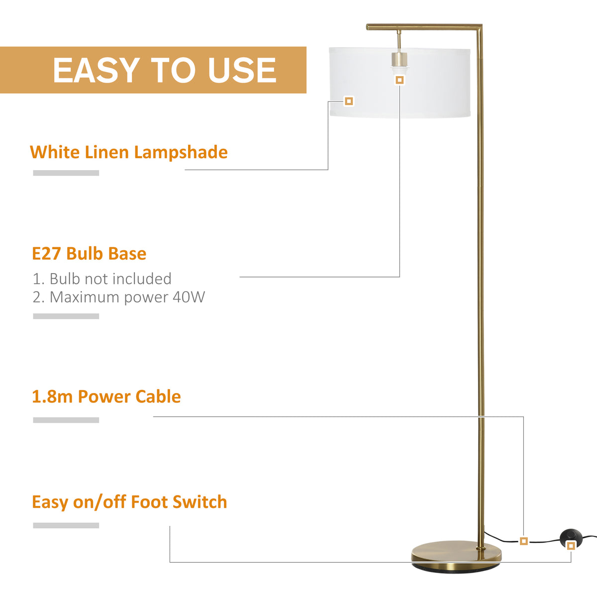 HOMCOM Floor Lamp, Modern Standing Lamp with Linen Lampshade, Round Base for Living Room, Bedroom, Dining Room, 153cm, Gold Tone and White