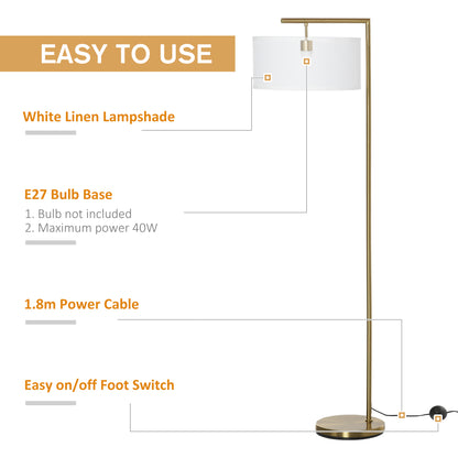 HOMCOM Floor Lamp, Modern Standing Lamp with Linen Lampshade, Round Base for Living Room, Bedroom, Dining Room, 153cm, Gold Tone and White