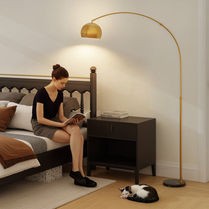 HOMCOM 167cm Arc Floor Lamp for Living Room, Modern Adjustable Standing Lamp with Foot Switch, Faux Black Marble Base and Bell Shade for Home Offices, Bedrooms, Gold Tone