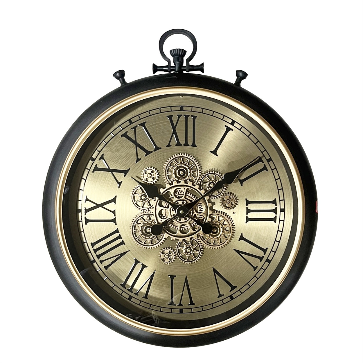 AcaciaHome Modern Black Gold Gear Wall Clock 60cm with Moving Gears & Roman Numerals – Large Art Deco Metal Skeleton Wall Clock, Quartz Battery Operated Decorative Clock for Living Room, Hallway
