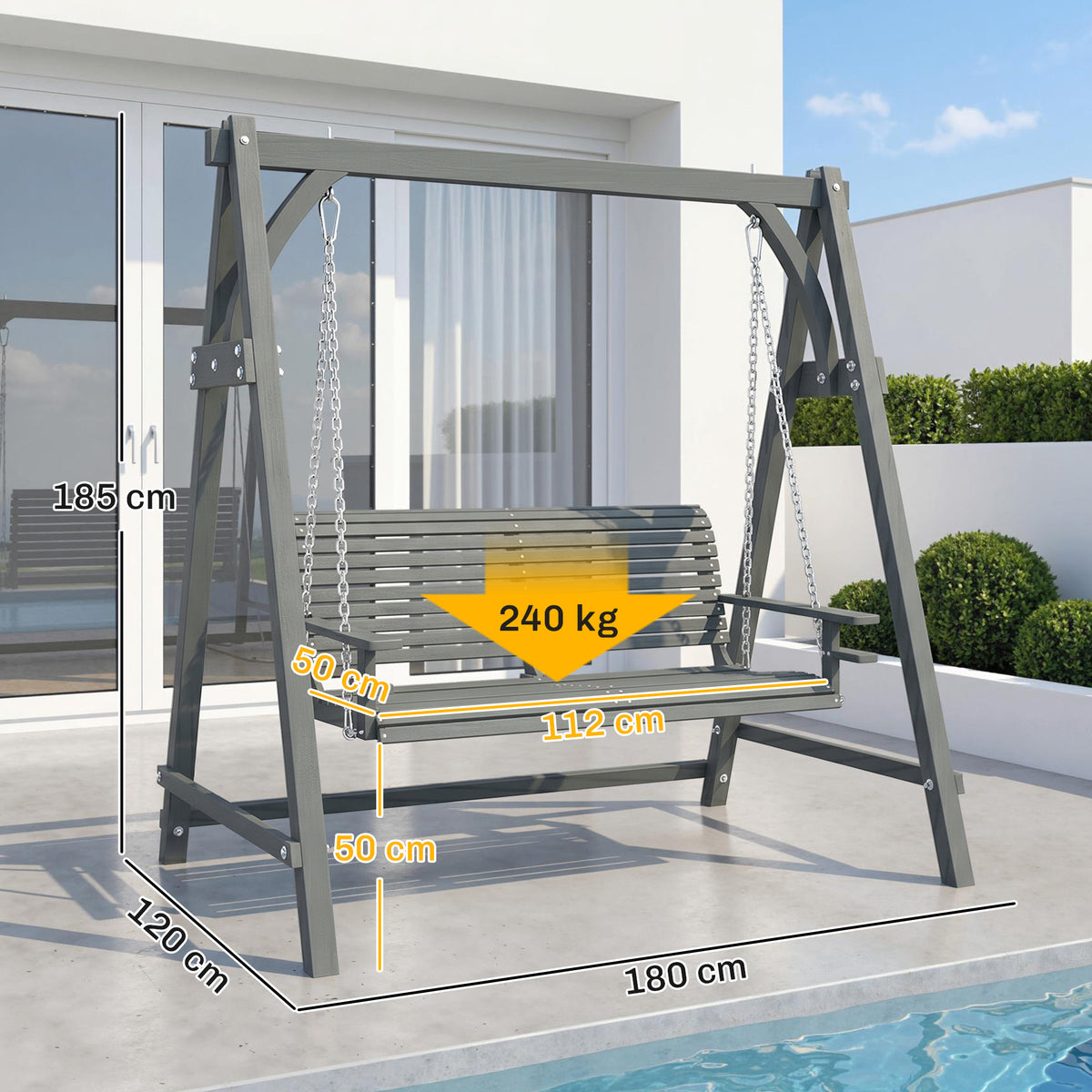 Outsunny 2 Seater Garden Swing Seat, Wooden Swing Chair Bench with Cup Holders for Outdoor Porch Patio, Grey