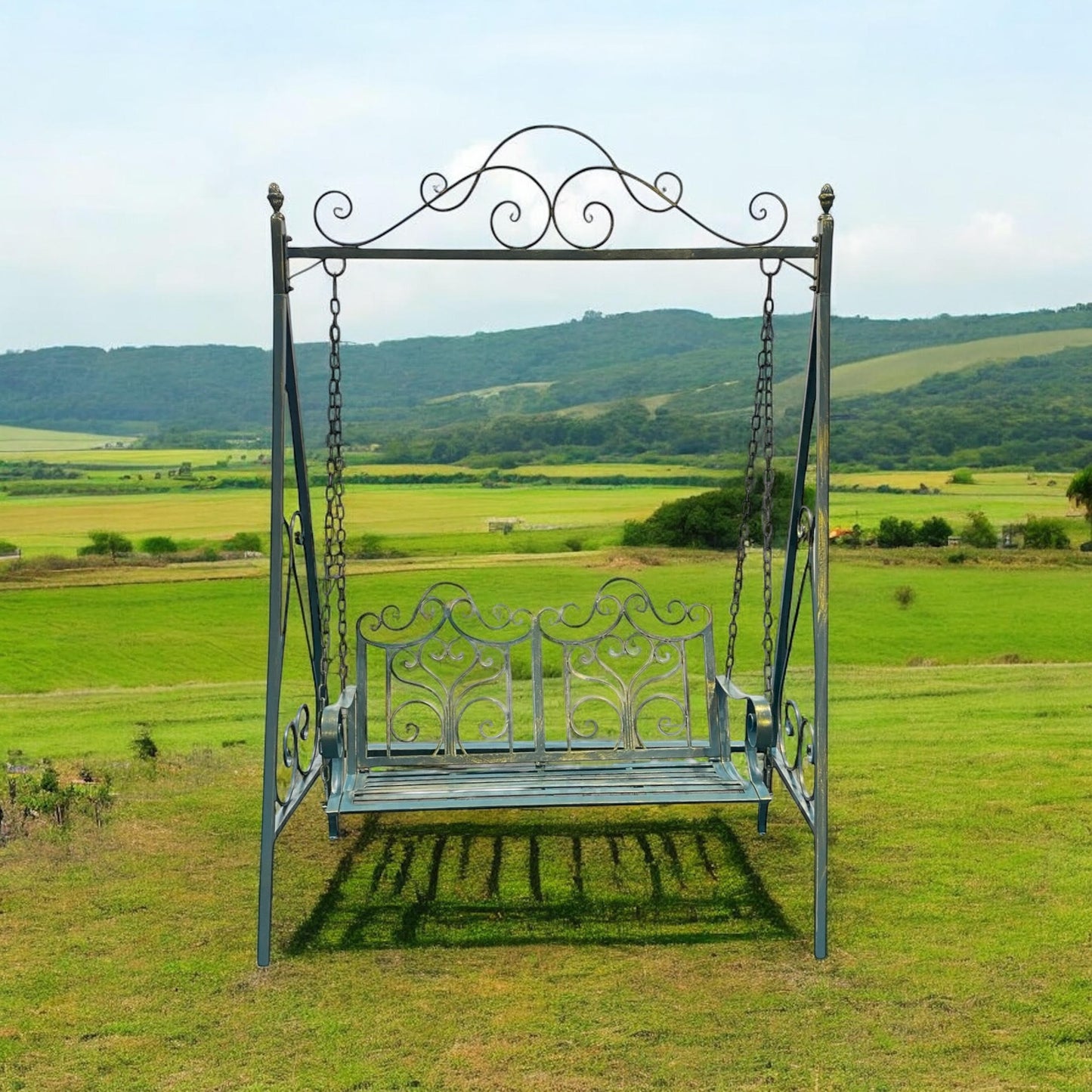 Durable & Stylish Blue Gold Metal Swing Chair Garden Hammock 2-Seater - Outdoor Patio Bench with Adjustable Chains, Rocking Motion & Weather-Resistant Finish use for Garden Relaxation