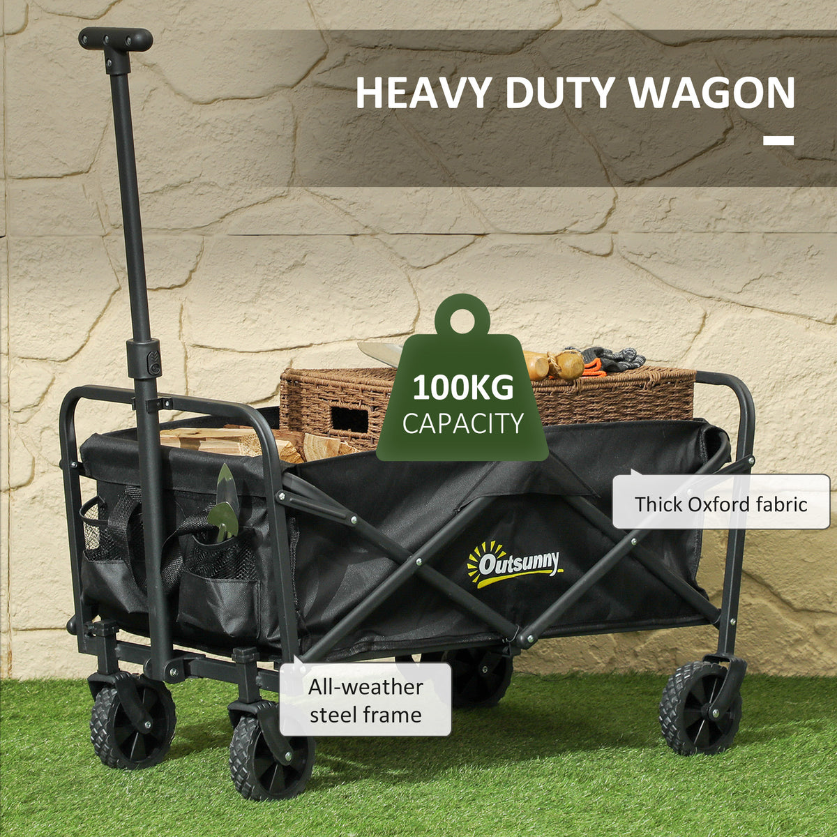 Outsunny 93L Festival Trolley on Wheels, Garden Folding Trolley Cart, 100kg Heavy Duty Collapsible Folding Wagon with Adjustable Handle and Carrying Bag for Beach, Camping, Festival, Black